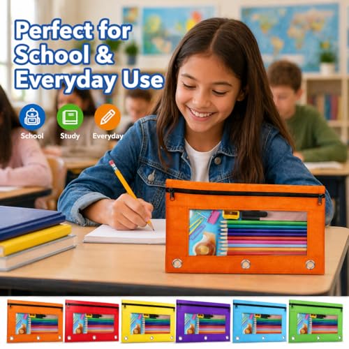 Pencil Pouch Bulk 36 Pack, Pencil Pouch for 3 Ring Binder, Pencil Bags | Binder Pencil Pouch, Zipper Pencil Pouch with Clear Window, 3 Hole Fabric Pencil Pouches Bulk for Classroom, School & Office