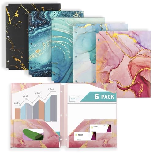 Binditek 6 Pack Heavyduty Plastic Folders with Pockets, Waterproof 2-Pocket File Folders with Card Slots, 6 Decorative Marble Color Designs, 3-Hole Punched for Letter Size - size: 6 Pack