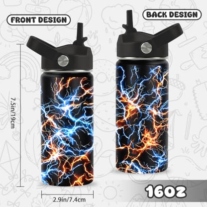 Hiboss Lightning Water Bottle for Boys, 16oz Kids Stainless Steel Insulated Water Bottle with Straw Lid, Lightning Cup Tumbler Gifts for School, Sport, Travel - color: Lightning