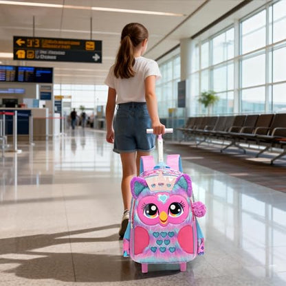 Meetbelify Backpack with Wheels for Girls Rolling Backpack Cute Carry on Backpack Kids Luggage with Lunch Box Pencil Case for Elementary Student - color: Owl