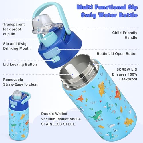 Bento Lunch Box for Kids with 7oz Soup Thermo,Insulated Stainless Steel Kids Water Bottle with Straw and Insulated Lunch Bag,Leak-Proof Lunch Food Container with Ice Pack for School(Blue-Dinosaur) - color: Blue-Dinosaur