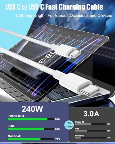 240W USB C Cable, USB C to USB C, C to C Cable Fast Charging for MacBook Pro/MacBook Air, iPad Pro/iPad Air, iPhone 16 Pro Max/ 16 15 Pro/Plus,Samsung,Compatible 140W/100W /65W/45W/35W/20W (2Pack,3ft) - color: White, size: 3.3FT