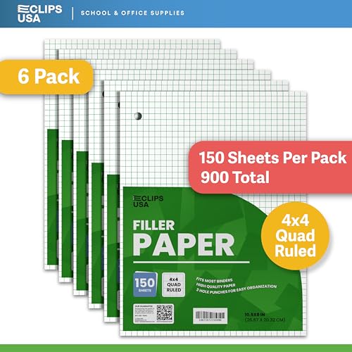 Graph Paper Loose Leaf Paper Quad Ruled Notebook Paper Quad Ruled 4” x 4” Square Lined Writing Filler Paper 10.5” x 8” 900 Sheets 150 Sheets Per Pack 60 gsm (6 Pack) - size: 6 Pack