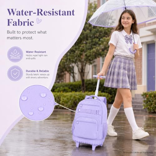HPJGD 3PCS Rolling Backpack for Girls, Womens Purple School Backpacks with Wheels, Water Resistant Roller Kids Wheeled Bookbag Set - color: Classic Purple Rolling Backpack Set