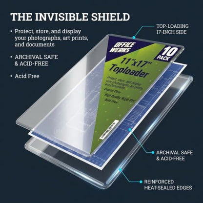 Performore 11" x 17" Heavy Duty Rigid Print Crystal-Clear Protectors Sheet Toploader Frame - Hold, Protect, Store, Display Photographs, Prints, Documents, and Page Protectors (10 Pack) - style: 10-Pack