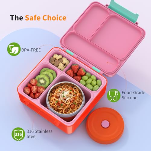 Bento Box for Kids, Lunch Box with Sticker and Leak-Proof Vacuum Food Jar, 4 Compartment BPA-Free Toddler Bento Box for School, Machine-Washable and Removable Compartments for Boy(Pink) - color: Pink