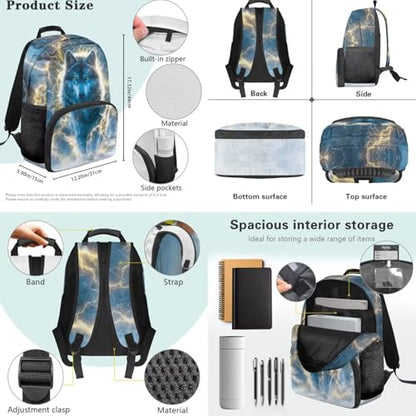 Wolf Backpack and Lunch Box Set, 4 in 1 Kids Backpack with Pencil Case and Water Bottle Cover, for Primary Students Ages 8-10 Daily Use - color: Lightning Wolf Print