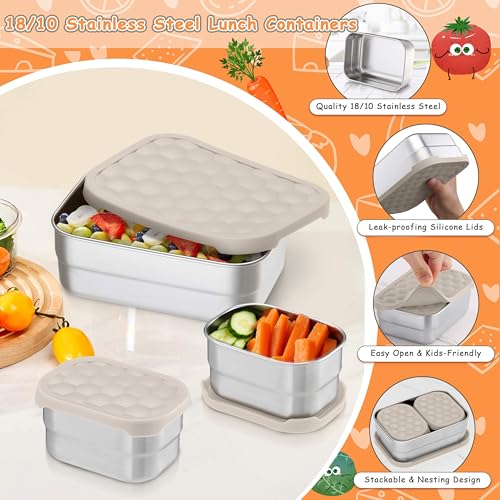 Homikit 3 Pack Kids Lunch Box Set, 18/10 Stainless Steel Bento Boxes with Silicone Lids Leak Proof, 5 Cups Reusable Metal Food Snack Containers for School Daycare, Nontoxic & Dishwasher Safe, Khaki - color: Khaki, size: Medium
