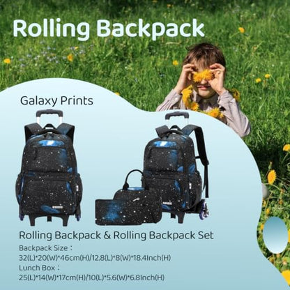 VIDOSCLA Galaxy Kids Rolling Backpack for Boys Primary Students Wheeled Bookbags for School - color: Black-galaxcy Rolling Backpack Set