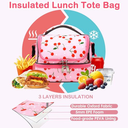 FlowFly Kids Double Decker Cooler Insulated Lunch Bag Large Tote for Boys, Girls, Men, Women, With Adjustable Strap, Cherry - color: Cherry