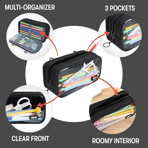ZIPIT Half & Half Pencil Case, 3 Compartment Zipper Pouch for School, Stationery Bag for Teen Girls Boys and Adults, Black - color: Black