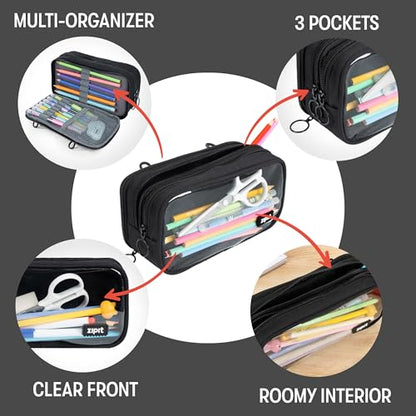 ZIPIT Half & Half Pencil Case, 3 Compartment Zipper Pouch for School, Stationery Bag for Teen Girls Boys and Adults, Black - color: Black