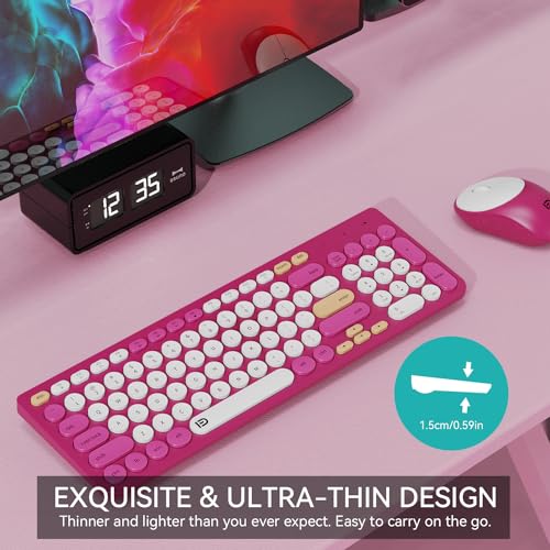 Wireless Keyboard and Mouse Combo, 2.4GHz Colorful Cute Round Keycaps Keyboard for Office Computer PC Desktops Laptop (96 Keys Rose Red) - color: 96 Keys Rose Red