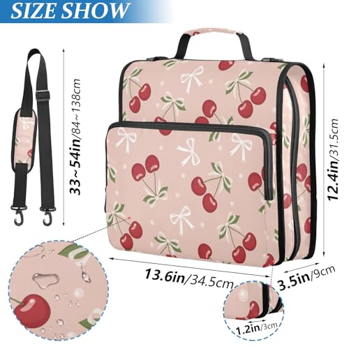 Cherries Bows Pink Pattern 3 Ring Zipper Binder with Shoulder Strap & Handle 1.5 Inch D-Ring Zippered Bag with Pencil Pouch, Expanding File Folder, Binder Organizer for School or Office - color: Cherries Bows Red Pink