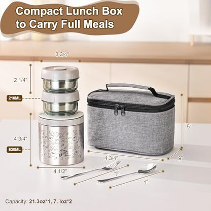 Lille Home Portable Insulated Lunch Box Set with Stainless Steel Cutlery, vacuum lunch box, to Keep Food Warm or Cool, Two Containers for Fruits and Sauces, Durable and Leak-Proof(GREY) - color: Gray