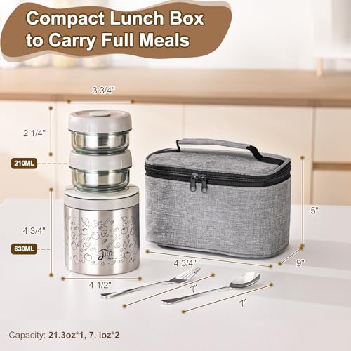 Lille Home Stainless Steel Thermal Lunch Box Set with Lunch Bag and Cultery | 22 Oz Vacuum Insulated Lunch Bento Box, to Keep Food Warm/Cool, 2 Small Food Container for Snack, Fruits and Sauces (Gray) - color: Gray