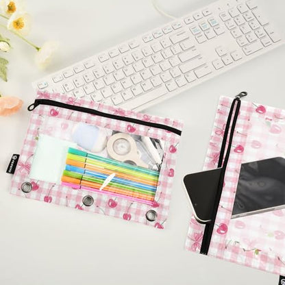 Binder Pencil Pouches Bow and Cherry Pen Case | Clear Window 3 Rings, Cosmetic Bags School Office Supplies Cosmetic Makeup Bag 2 Psc - color: Multi-cherry Plaids