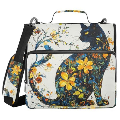 Zipper Binder Cat Flower Cute Black 1.5 inch 3 Ring Binder Bag with Multiple Pockets, 500 Sheet Capacity with Shoulder Strap