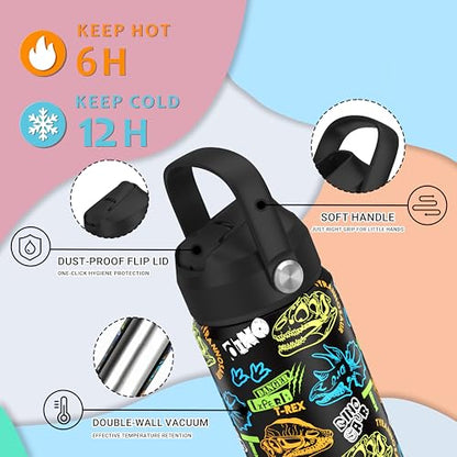 Boys Dinosaur Fossil Water Bottle for School，Kids 18 oz Insulated Stainless Steel Cup with Straw, Double-Wall Vacuum Leakproof - color: C13.Dinosaur-Fossil