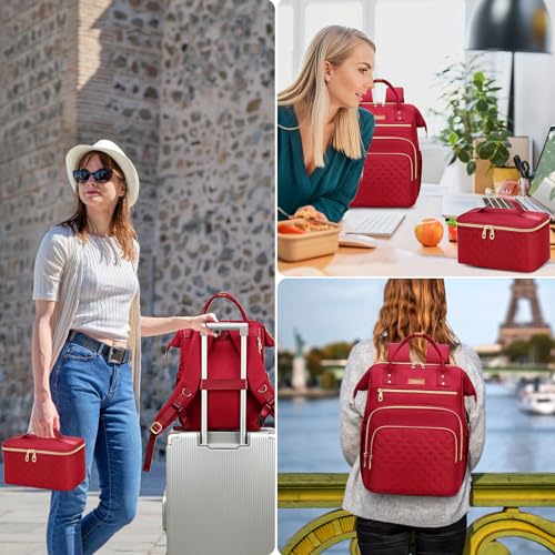 AIJIEKE Lunch Backpack for Women, 15.6 Laptop Backpack, Lunch Box, Red | Water resistant computer bag with insulated leakproof cooler. Travel meal prep backpack for nurse, teacher, college commute - color: Red