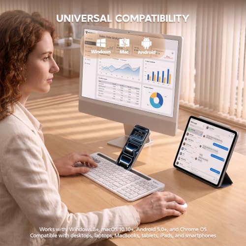 White Wireless Keyboard and Mouse Combo Number Pad with Tablet Holder for Tablet Bluetooth/2.4ghz Silent Compatible with PC Laptop Desktop (White) - color: White