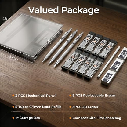 Nicpro 0.7 Metal Mechanical Pencil Set with Case, 3PCS MP1000 0.7mm Artist Lead Pencil With 8 Tube HB Refills, 3 Erasers, 9 Eraser Refill For Architect Art Drafting Drawing Engineering, Sketching - color: Silver, style: 0.7 MM