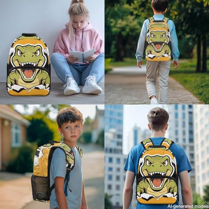 Boys Cool Dinosaur Print 4 in 1 Backpack Set - Kids Elementary School Bookbag with Lunch Bag Pencil Case Water Bottle Holder, Back to School Supplies - color: Cool Dinosaur