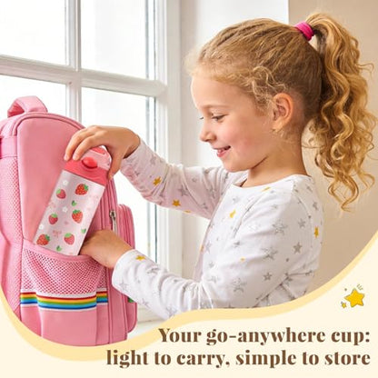 12oz Strawberry Kids Water Bottle, Bows Water Bottle for School, Pink Kids Insulated Bottles with Straw & Handle, Leak-Proof, BPA-free, Straw Lid, Stainless Steel for Travel Gift Cup for Girls(1pc) - color: Strawberry bow