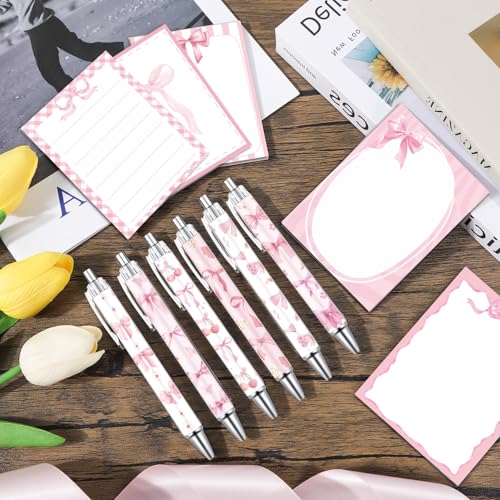 Wxiben Pink Bow Sticky Notes with Pens 24 Pcs Coquete Bow Notepads Preppy Ballpoint Pens Bulk Bows Cherries Notes Black Ink Pen Gifts for Women Office Supplies Party Favor - color: Pink Bow