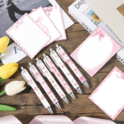 Wxiben Pink Bow Sticky Notes with Pens 24 Pcs Coquete Bow Notepads Preppy Ballpoint Pens Bulk Bows Cherries Notes Black Ink Pen Gifts for Women Office Supplies Party Favor - color: Pink Bow