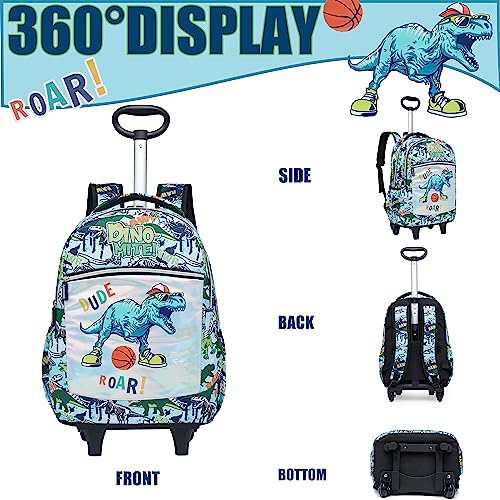 Rolling Backpack Boys Kids Rolling Backpack with Wheels for Boys Wheeled Backpack Carry on Luggage Bookbag with Roller Set for Elementary - color: Dinosaur
