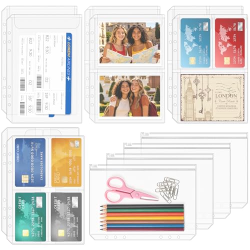 12PCS A5 Binder Pockets, 6-Hole Budget Envelopes for Planner | for 6-Ring Binder, Waterproof PVC Money Organizer & Cash Envelopes, Planner Inserts, Card Sleeves Photo Holders Bill Pouches - size: A5