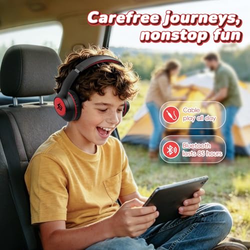 Kids Bluetooth Headphones with 85H Playtime Without LED, Safe Volume 85/94dB Wireless Headphones for Kids, Bluetooth 5.4 Over-Ear Toddler Headset for Boys Tablet/Airplane/ School (Atrous & Red No LED) - color: Atrous & Red