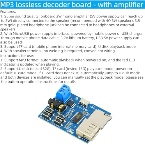 5Pcs MP3 Decoder Player Module | Small Amplifier, TF Card U Disk Play, Micro USB 5V Power Supply, Audio Amplifier