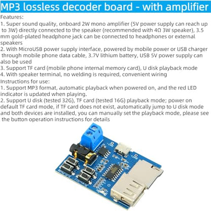 5Pcs MP3 Decoder Player Module | Small Amplifier, TF Card U Disk Play, Micro USB 5V Power Supply, Audio Amplifier
