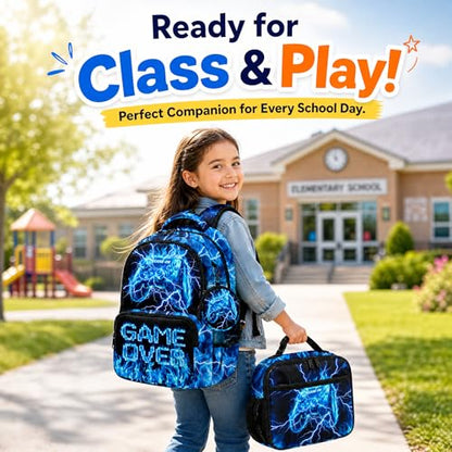 Game Backpack Set for Boys Kids – 17" Large Capacity Gaming School Bag with Lunch Box, Pencil Bag and Coin Purse (Blue) - color: Blue-1