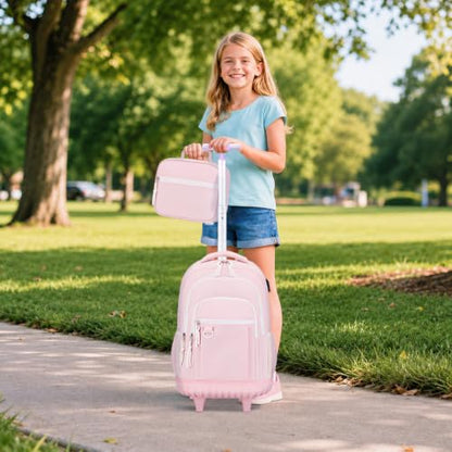 DIGOBAY Rolling Backpack for Girls, Cute Girls Backpack with Wheels, Kids Wheeled backpacks Set with Lunch Bag Pencil Case for Teen Girl, Roller School Bag with Wheels for Elementary Middle School - color: Pink