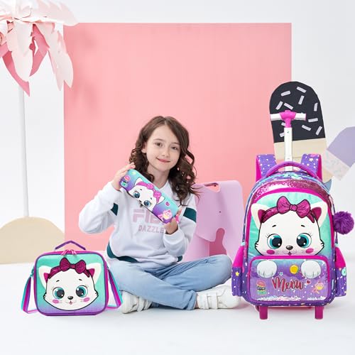 Meetbelify Rolling Backpack with Wheels for Girls Kids Cute Cat Rolling Backpack with Lunch Bag and Pencil Case Set Kids Travel Luggage for Elementary Girls Ages 5-12 - color: 01 Purple Cat