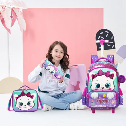 Meetbelify Rolling Backpack with Wheels for Girls Kids Cute Cat Rolling Backpack with Lunch Bag and Pencil Case Set Kids Travel Luggage for Elementary Girls Ages 5-12 - color: 01 Purple Cat