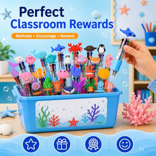 30PCS Ocean Animal Multicolor Pens, 4 Color Ballpoint Pens Bulk, Retractable Novelty Pens with Whale Shark Turtle Sea Creature Toppers, Cute Writing Pens for Journaling, Office Supplies, Planner - style: Sea Animals