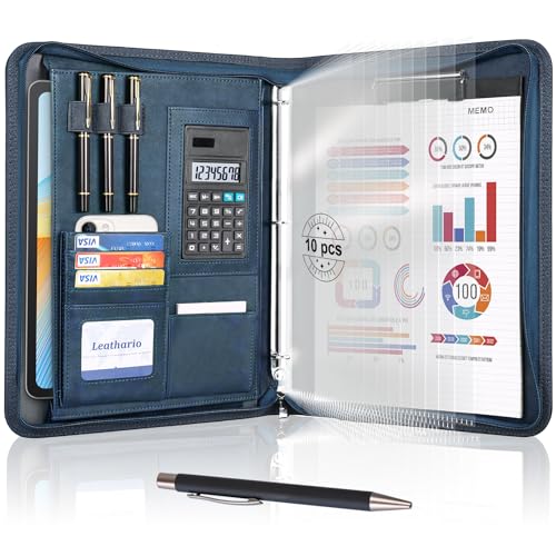 Leathario Portfolio Binder, 3-Ring Folder Organizer, Includes 5 Sheet Protectors and a Pen, Vegan Leather A4 Padfolio for Tablets, Business Conferences Professional Document Organizer - color: Blue