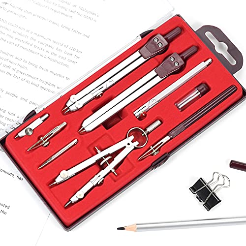 UNJOO 9Pc Geometry Set Metal Compass, Geometry Precision Tool (Red) | Circle Drawing Tool and Architecture, Drafting Kits for Engineer with Shatterproof Storage Box