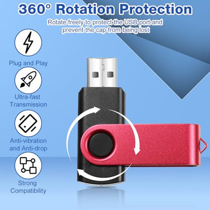 50 Pack 256MB USB 2.0 Flash Drives Bulk with Lanyards Portable USB Thumb Drives Swivel with LED Light Swivel Flash Drive for Office School Data Storage Backup