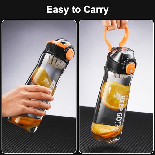 Doseno Clear Water Bottle, 27 oz Reusable Plastic Sports Bottle, Black | Clear plastic water bottle with measurements has dual openings, removable filter and carrying strap for gym and hiking