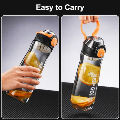 Doseno Clear Water Bottle, 27 oz Reusable Plastic Sports Bottle, Black | Clear plastic water bottle with measurements has dual openings, removable filter and carrying strap for gym and hiking
