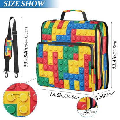 Building Blocks Bricks Colorful 3 Ring Binder with Zipper, Expanding File Folder and Shoulder Strap and Handle, 500 Page Capacity