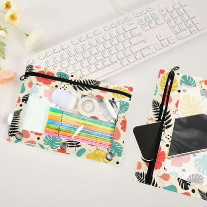 Blueangle Hibiscus Tropical Leaf Pencil Pouch for 3 Ring Binder, 2 Pack Clear Window Zipper Pencil Bags for Office