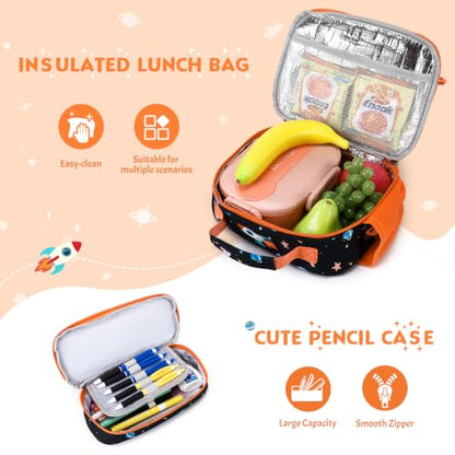 Kids Backpack for Boys 4-8, Cute 3D Embroidered Space Toddler Backpack with 34oz Lunch Box, Insulated Bag, Pen Case & Utensils, School Bookbag for Preschool Kindergarten Elementary Student - color: Space