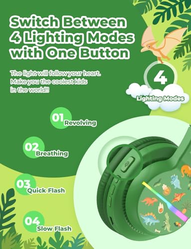 iClever BTH12 Kids Bluetooth Headphones,Colorful LED Lights Wireless Kids Headphones,74/85dBA Safe Volume,85H Playtime,Bluetooth 5.2,Over Ear Dinosaur Headphone Built-in Mic for iPad/Tablet/Airplane - color: C-Green