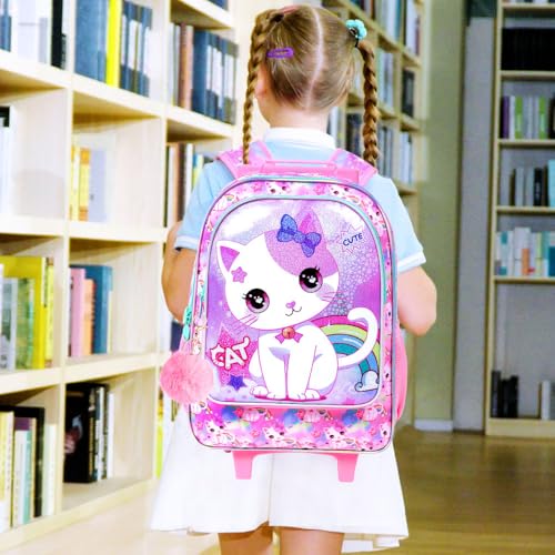 gxtvo Girls Rolling Backpack, Cute Cat Roller Wheels Kids Bookbag - Wheeled Elementary School Bag - 3PCS Cat - color: Uv Printing White Cat Rolling Backpack